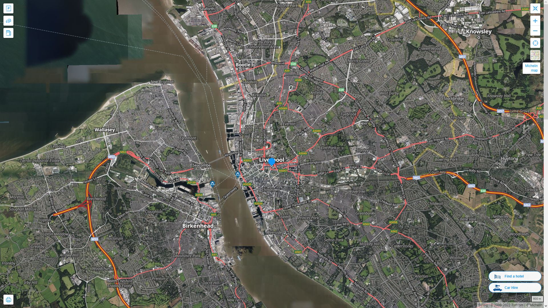 Liverpool Royaume Uni Autoroute et carte routiere avec vue satellite